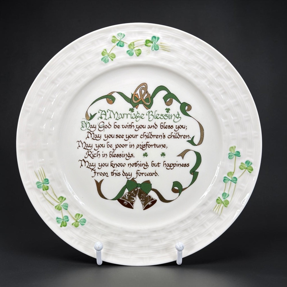 Belleek Ireland Marriage Blessing Plate Shamrocks Basketweave 8 Inch Parian